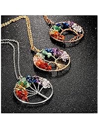 Collar con colgante de árbol de la vida de 3 piezas hecho a mano, collar de cristal con cadena de 19.7 in de largo, dorado, bronce y plata