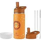 honogo 16 oz Stainless Steel Insulated Kids Water Bottle, Leak Proof Metal Thermal Flask with Straw lid, Cute Toddler Tumbler Cup for School Girls & Boys (Lion, Orange)