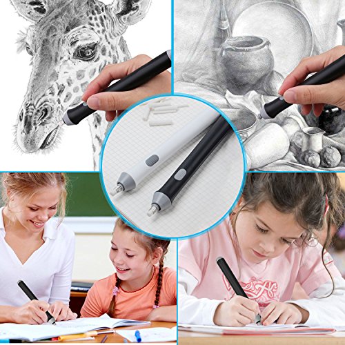 Electric Eraser Kit - XREXS 2 Size Refills Battery Operated Eraser with 22 Eraser Refills (10 Thick and 12 Thin), Auto Pencil Eraser for Students, Artists 2 AAA Batteries not included (black)