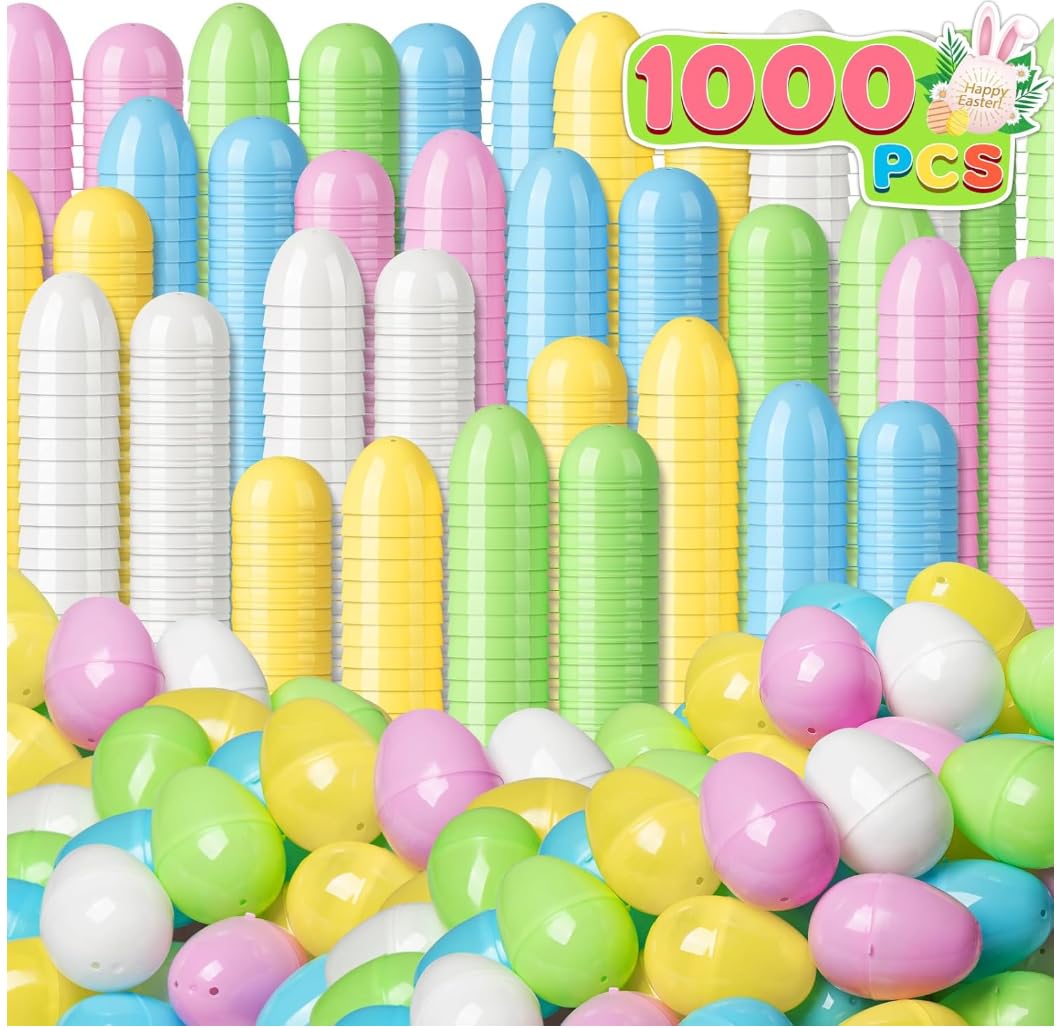 Birebebys 1000 PCS Plastic Easter Eggs Bulk, 2.4" Empty Pastel Easter Eggs Fillable for Easter Hunt, Basket Stuffers Fillers, Classroom Prizes, Party Favors Supplies Decoration