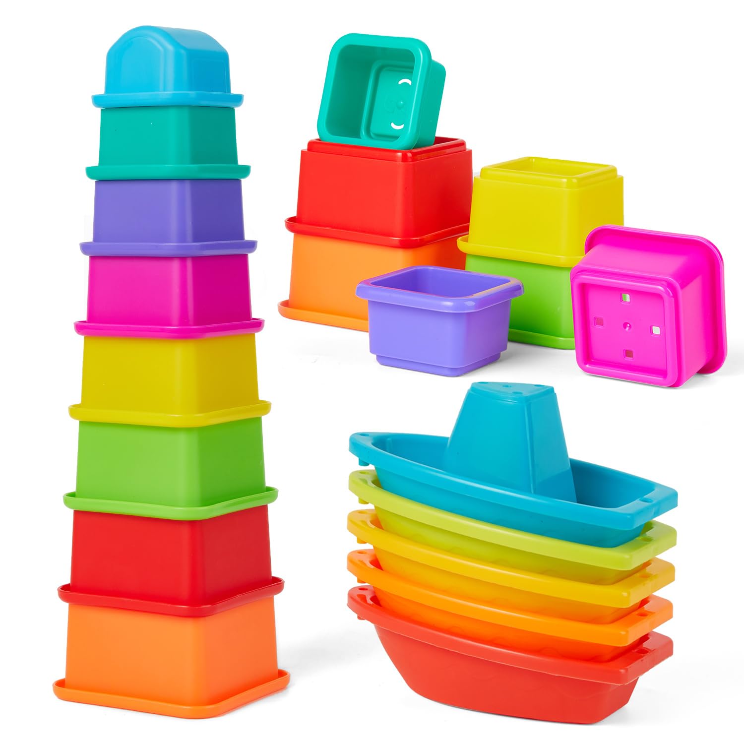 Bath Toys, 13 PCS | Fun, Safe&Educational Stack&Count Stacking Cups with Numbers | Mold Free & Easy Clean Floating Boats | Early Learning Color&Shape Recognition | Easy-Grip Baby&Toddler Bath Toy Set