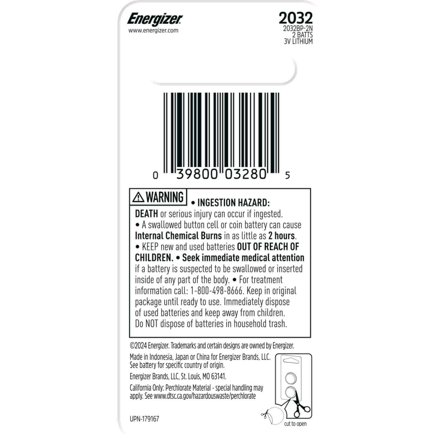 Energizer 2032 Batteries (2 Pack), 3V Lithium Coin Batteries with 3-in-1 Child Shield