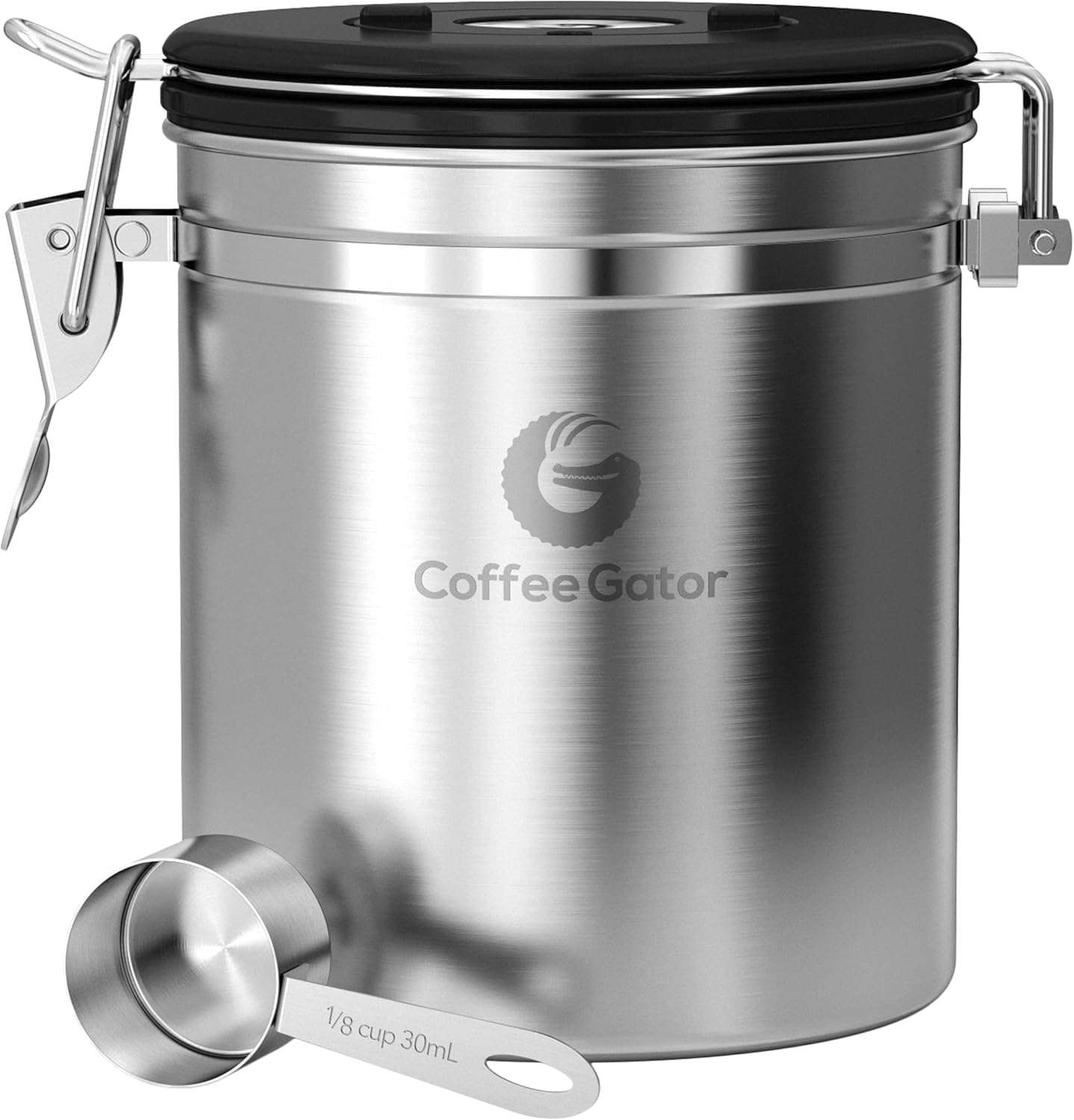 Coffee Gator Coffee Canister Airtight 1300 mL, Stainless Steel Kitchen Food Storage Container with Date Tracker, CO2 Valve, Scoop for Grounds Coffee, Beans,Tea, Sugar, Flour, Snacks