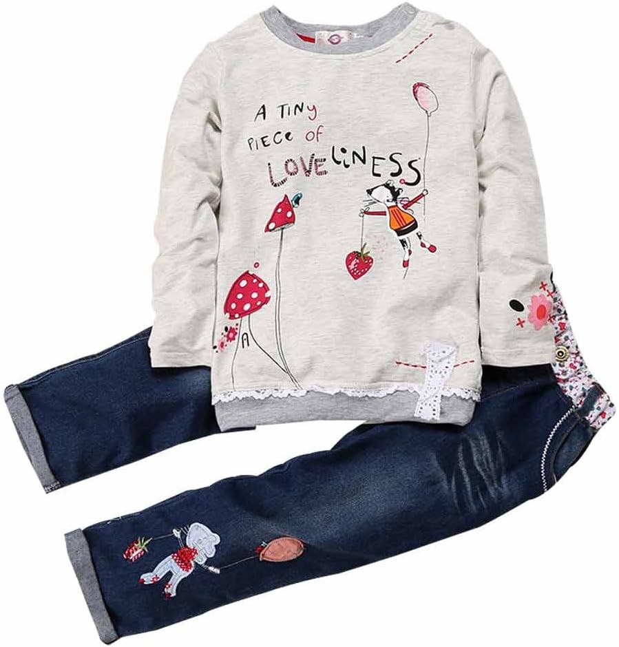 Kids Tales Little Girl's Long Sleeve Cartoon Pullover Shirt and Jeans Pants Outfit Set Cute Graphic Sweatshirt