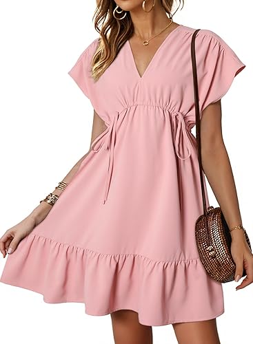 Dokotoo Womens Casual Summer Dresses Boho Babydoll Drawstring Ruched Ruffle A  Line Swing Tunic Dress Empire Waist Short Sleeve V Neck Loose Soft Mini  Short Dress for Women Fashion 2025 Pink Large