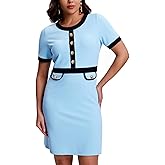 SeSe Code Women's Color Block Modest Work Dress Short Sleeve Business Dresses Button Crew Neck Elegant Bodycon(No Pockets)