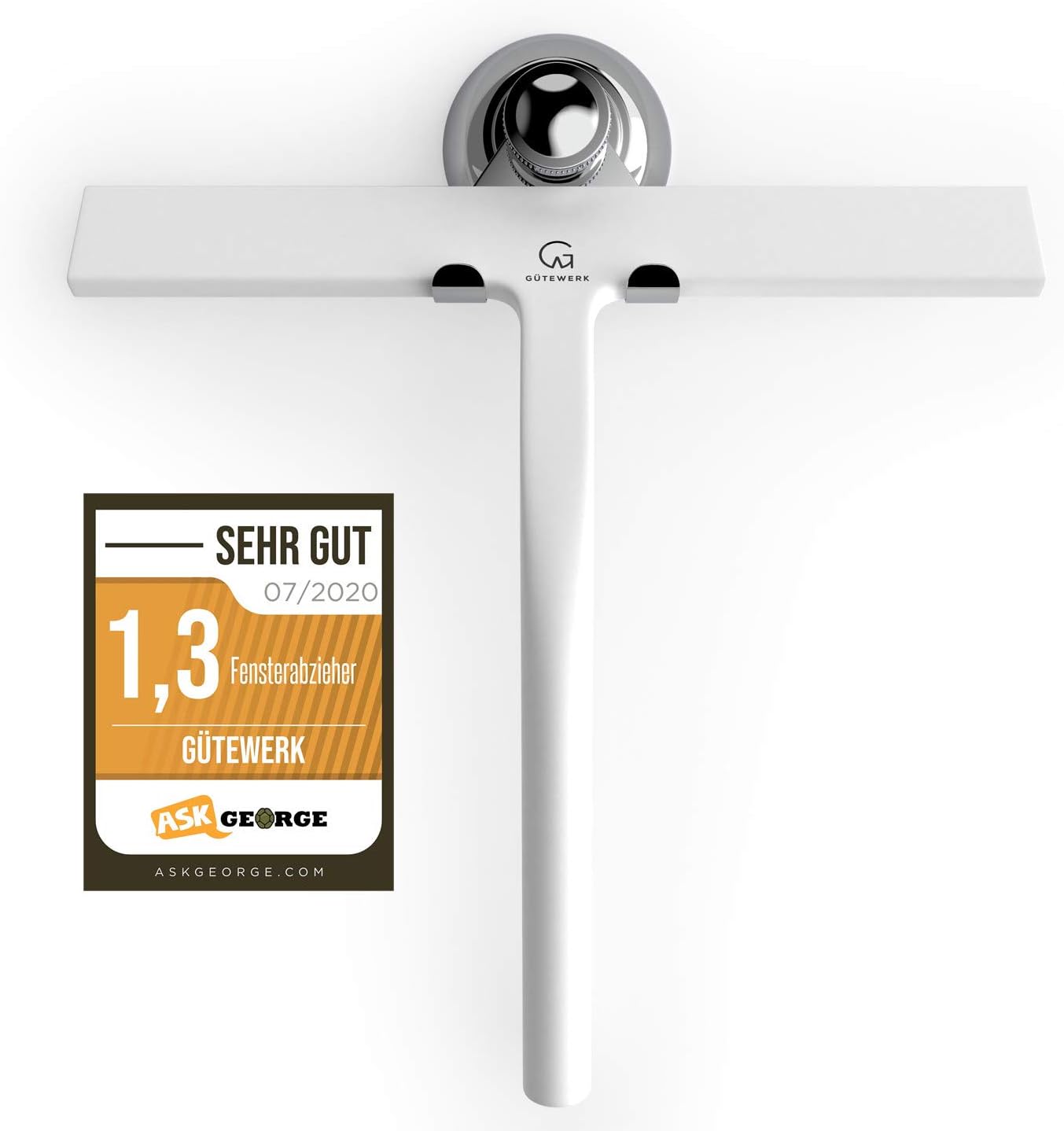 GÜTEWERK Duschabzieher Set mit Haken - weiß 23 cm - ohne Bohren breiter Silikon Abzieher Dusche Bad Badezimmer Fenster Edelstahl Fensterabzieher Scheibenabzieher breit Saugnapf Halterung Badabzieher