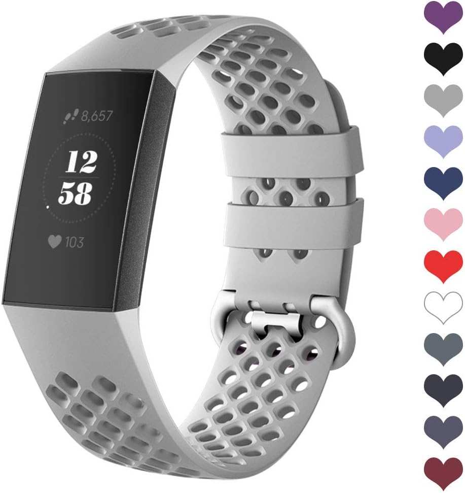 DEKER Sport Bands Compatible for Fitbit Charge 3 Bands Charge 3 SE Fitness Tracker Women Men, Breathable Holes Silicone Smart Watch Strap Small Large Accessories Wristbands (03-Gray, Large)