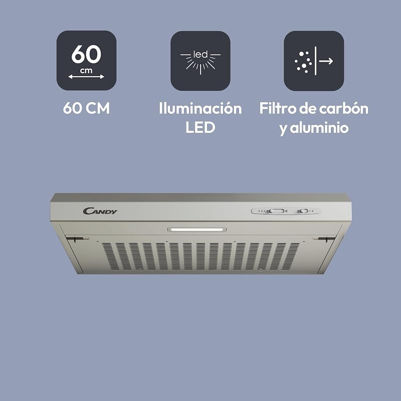 Exaustor candy cft610/5s/1, fixado na parede, 60 cm, 3 níveis de potência, 209m3/h, filtros de carbono, painel de alumínio antigordura, iluminação led, 71 db, classe c, aço inoxidável, cinzento