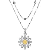 LWXIE Diamond Daisy Layered Necklace S925 Sterling Silver Daisy Flower Pendant Necklaces with Lab Grown Diamond Jewelry Gifts for Women