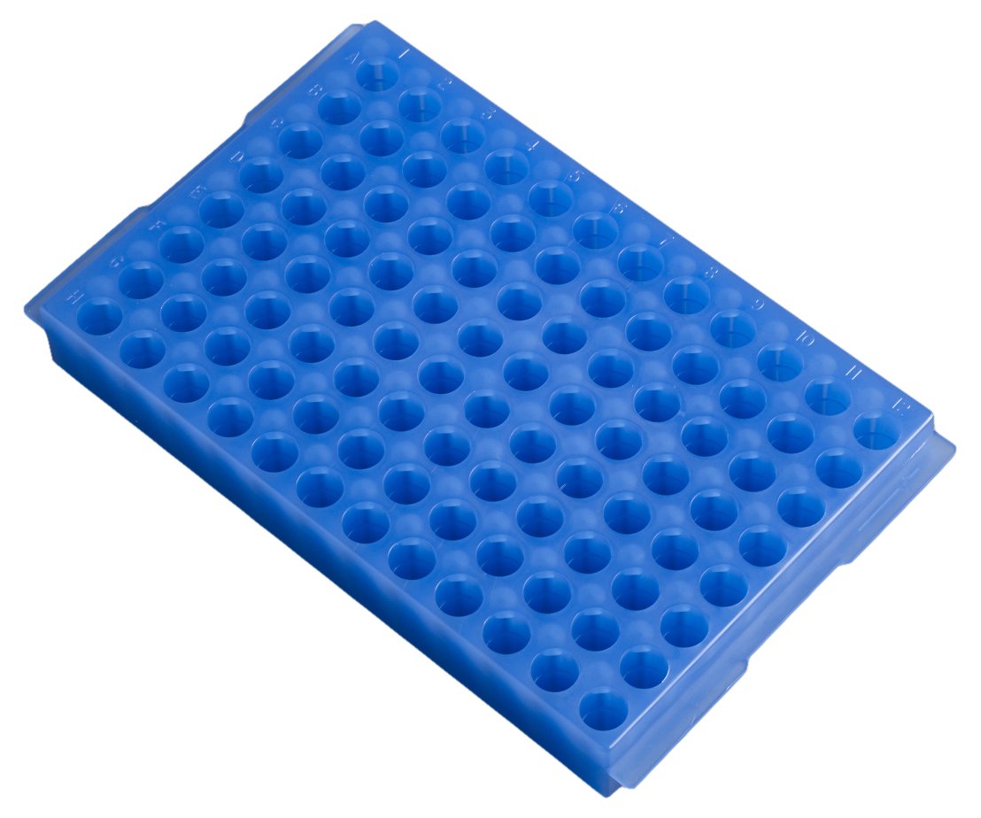 Camlab Plastics RTP/7110-96B 96 Well Polypropylene Reversible Rack, Blue