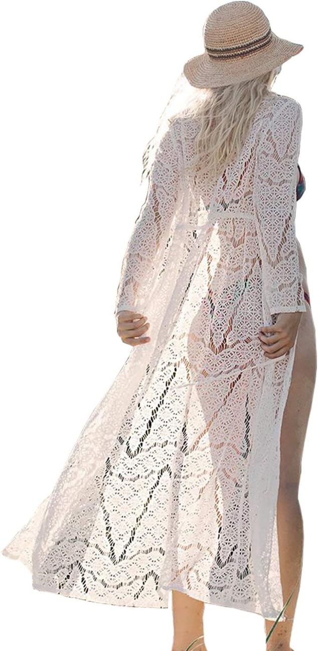 QIUYEJUO Women's Flowy Beach Kimono Long Bikini Cover Up Dress Chiffon/Rayon Open Front Cardigan