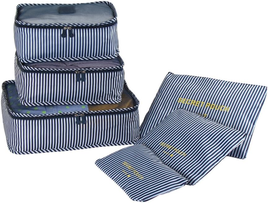 JWTX 6pcs Travel Organisers Waterproof Pouch Set Packing Cubes Laundry Bags-in-Bag Travel Essential (Stripe)