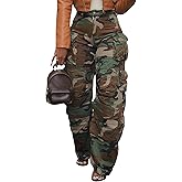Vakkest High Waisted Camo Cargo Jeans for Women Wide Leg Casual Baggy Trendy Denim Pants with Multi Pockets