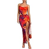 SOLY HUX Women's 2 Piece Outfits Tie Dye Halter Crop Tops and Split Bodycon Maxi Skirt Set