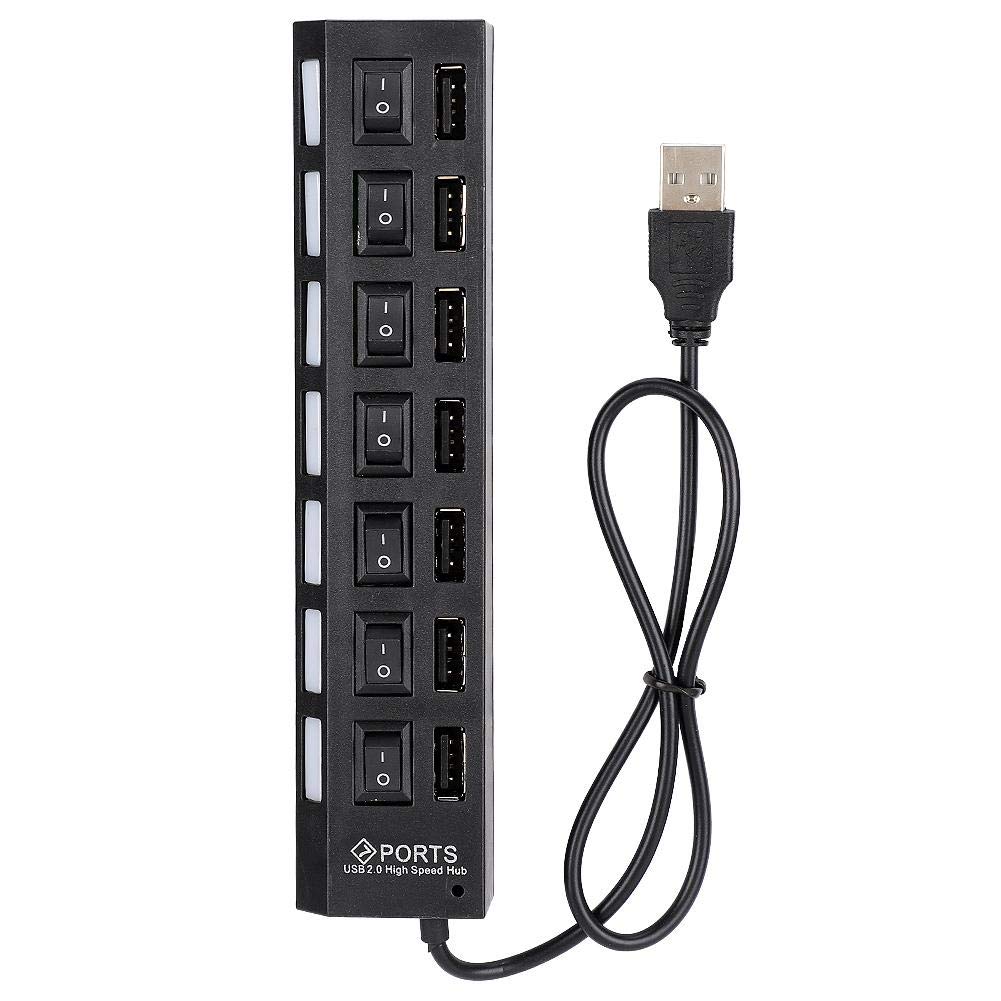 USB 2.0 Hub, 7 Port USB Splitter Docking Station with Independent Switch, Compatible for Computer, Laptop, Keyboard, Mouse, Hard Disk Drive, Plug and Play(Black)