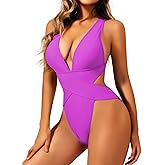 ShawGobow Sexy One Piece Swimsuit,Plunge Backless Color Block Swimsuits for Women,High Cut Scrunch Butt Monokini Beach Pool