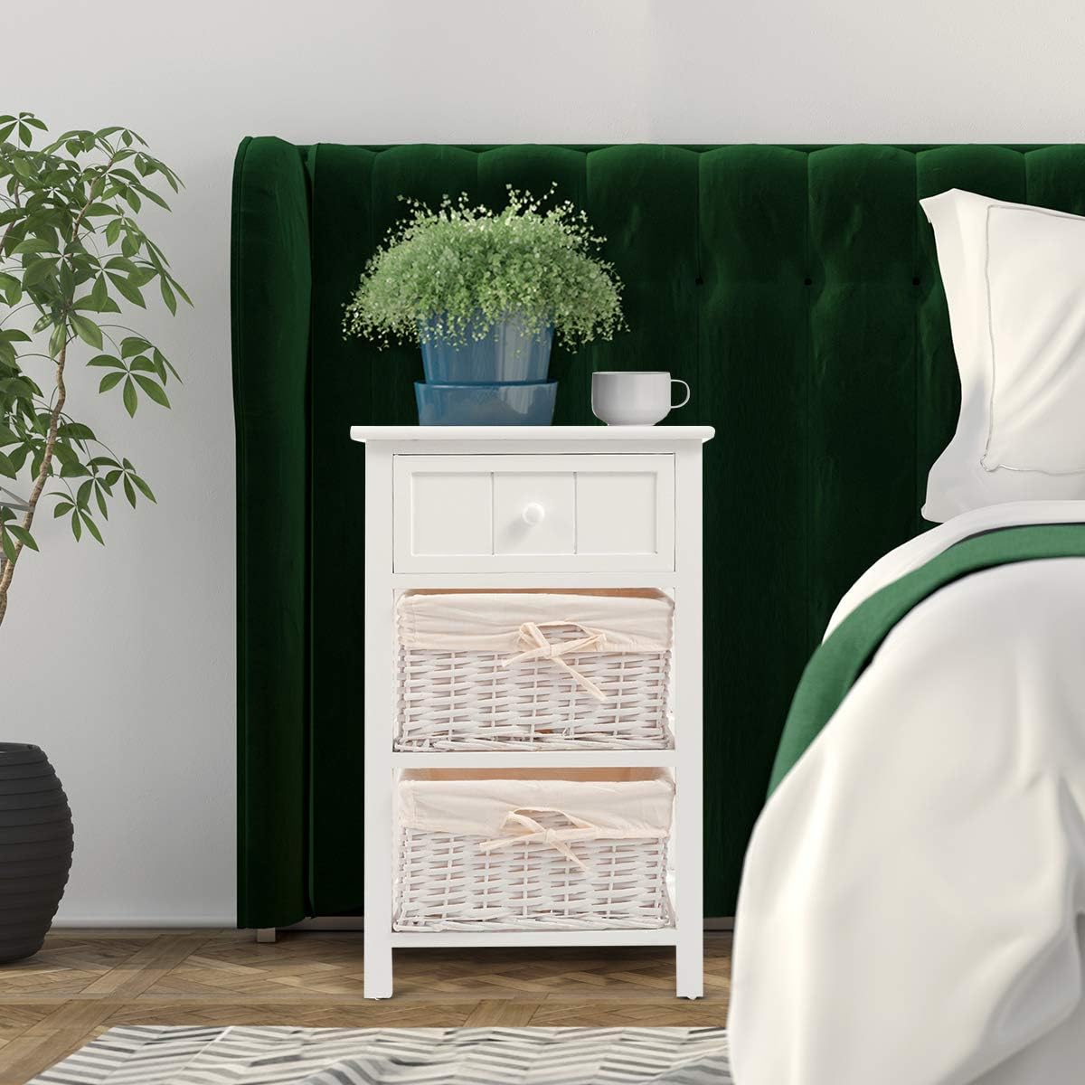 Giantex Nightstand with Drawers Wooden, W/ 2 Storage Baskets and Open Shelf for Bedroom, Bedside Sofa End Table (2, White): Kitchen & Dining