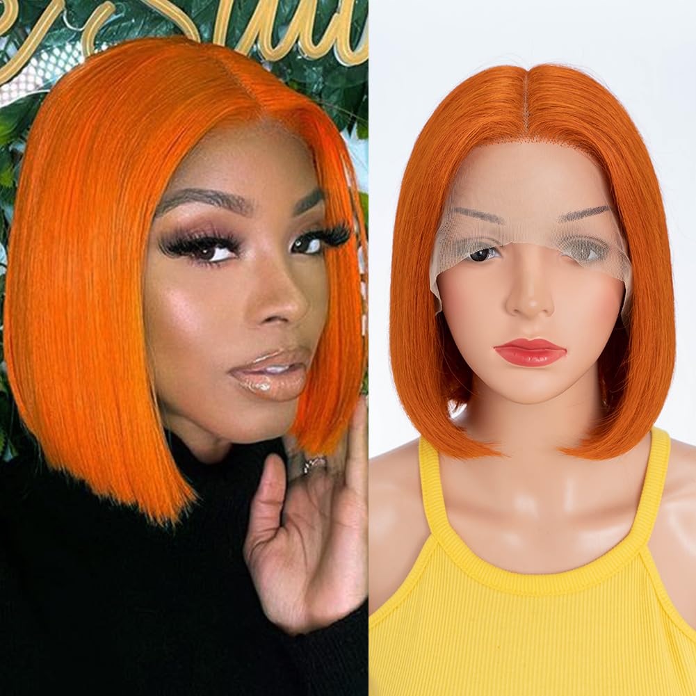 DÉBUT Orange Straight Bob Wigs Human Hair T Part Lace Front Bob Wig Pre Plucked with Baby Hair 150% Density Brazilian Virgin Hair for Women(8 Inches, S ORANGE)
