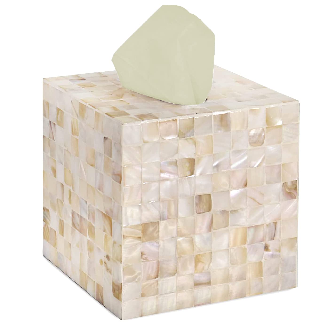 Photo 1 of CLAYNIX Tissue Box Cover - Mosaic Mother of Pearl Inlay Tissue Box Holder - Tissue Box Cover Square 5.9 x 5.9 x 5.9 in - Decorative Bathroom, Bedroom or Office (White)