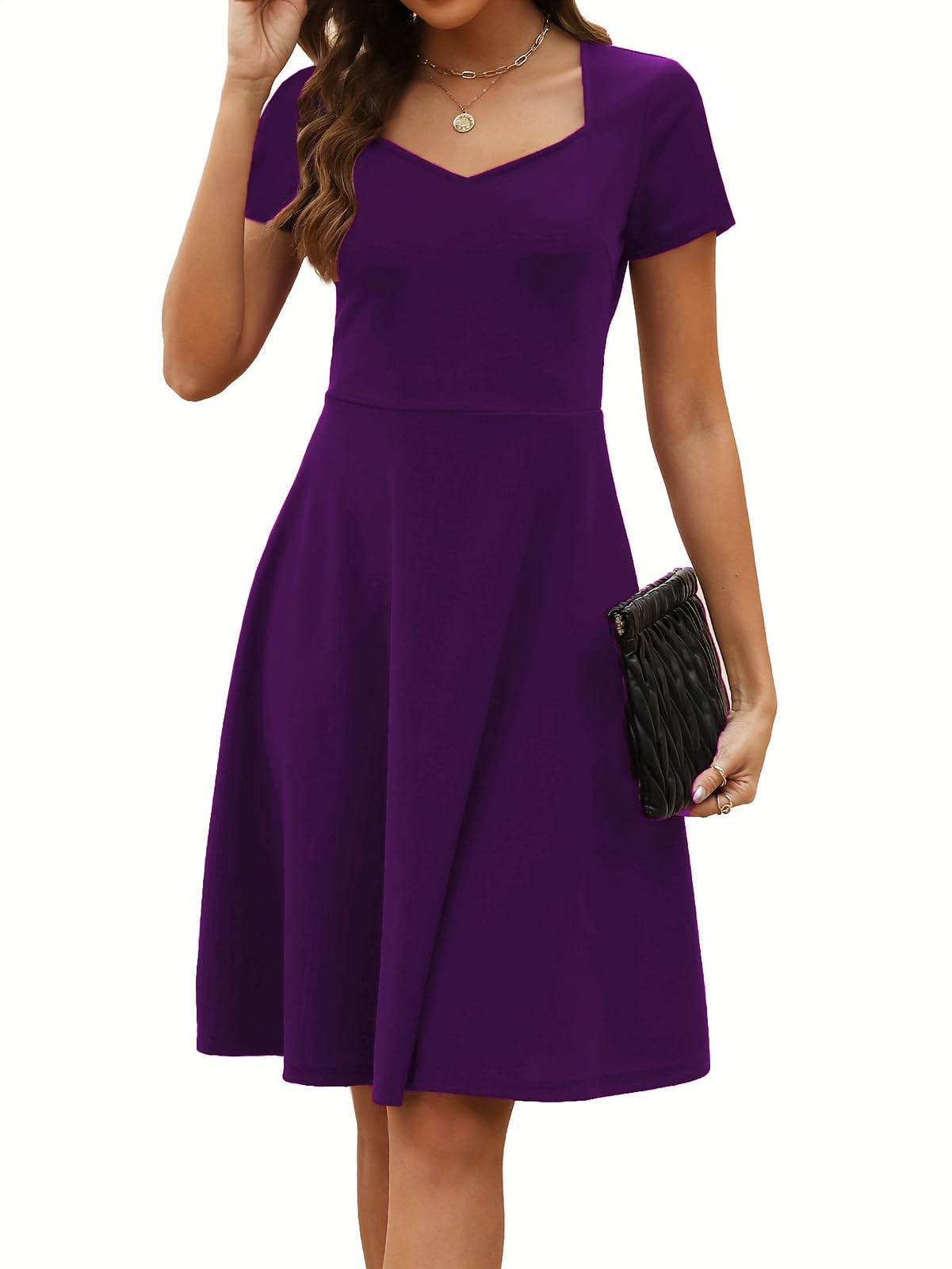 Photo 1 of 1950s Vintage Dress for Women's Office Work Elegant 50s Clothing Short Sleeve A-Line Sweetheart Neck Summer Casual Dressse 163 (Purple, L)