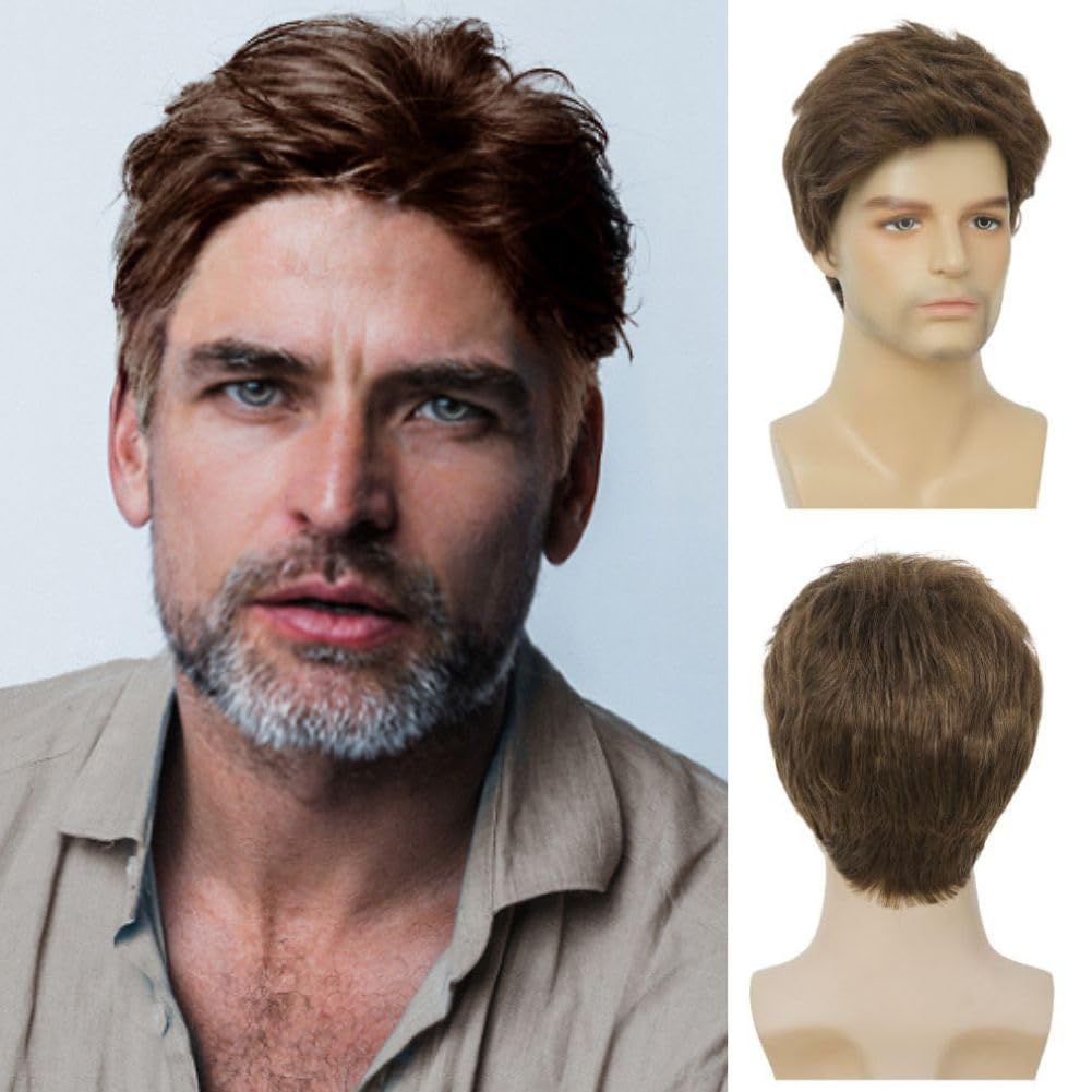 Siudus Mens Brown Short Wig Straight Side Part Layered Natural Hair Wigs Synthetic Fiber Guy Male Wig for Daily Use