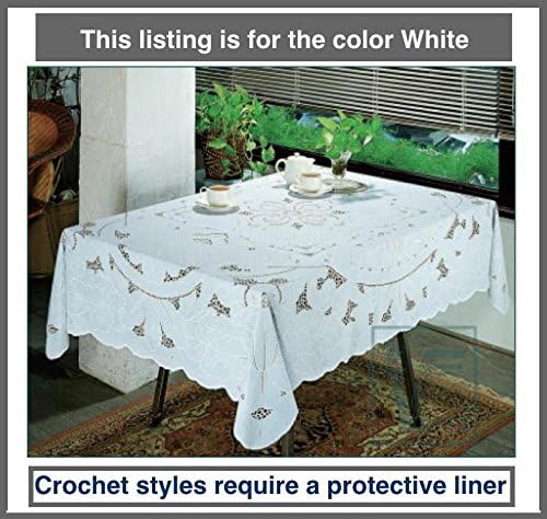 Early American design PVC CROCHET Vinyl Tablecloth, Elegant, easy-to-care for, light gauge vinyl. Machine washable. Dryer safe when you follow instructions included removes most wrinkles (Caroline patten) (43X55”-White-Oblong)