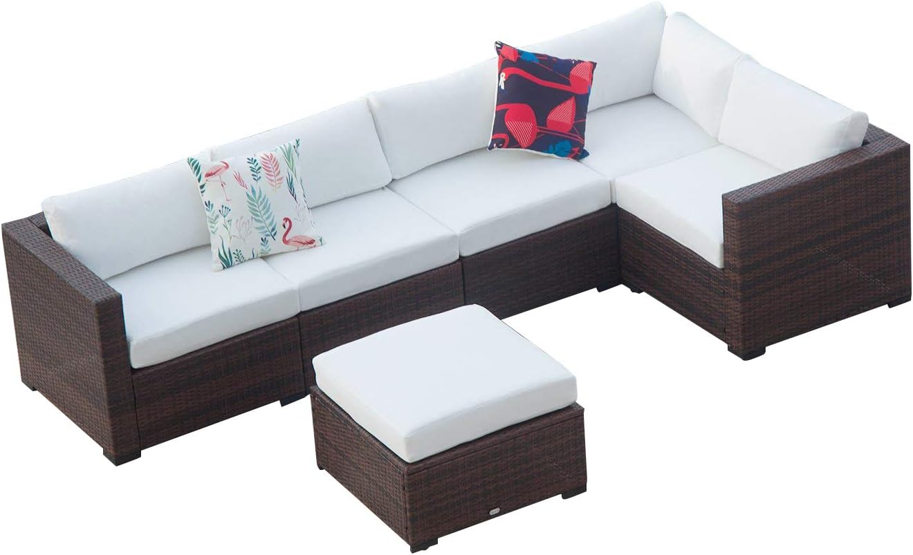 Auro Outdoor Furniture 6-Piece Sectional Sofa Set All-Weather Brown Wicker with Water Resistant Olefin Cushions for Patio Backyard Porch Pool | Incl. Waterproof Cover&Clips (White)
