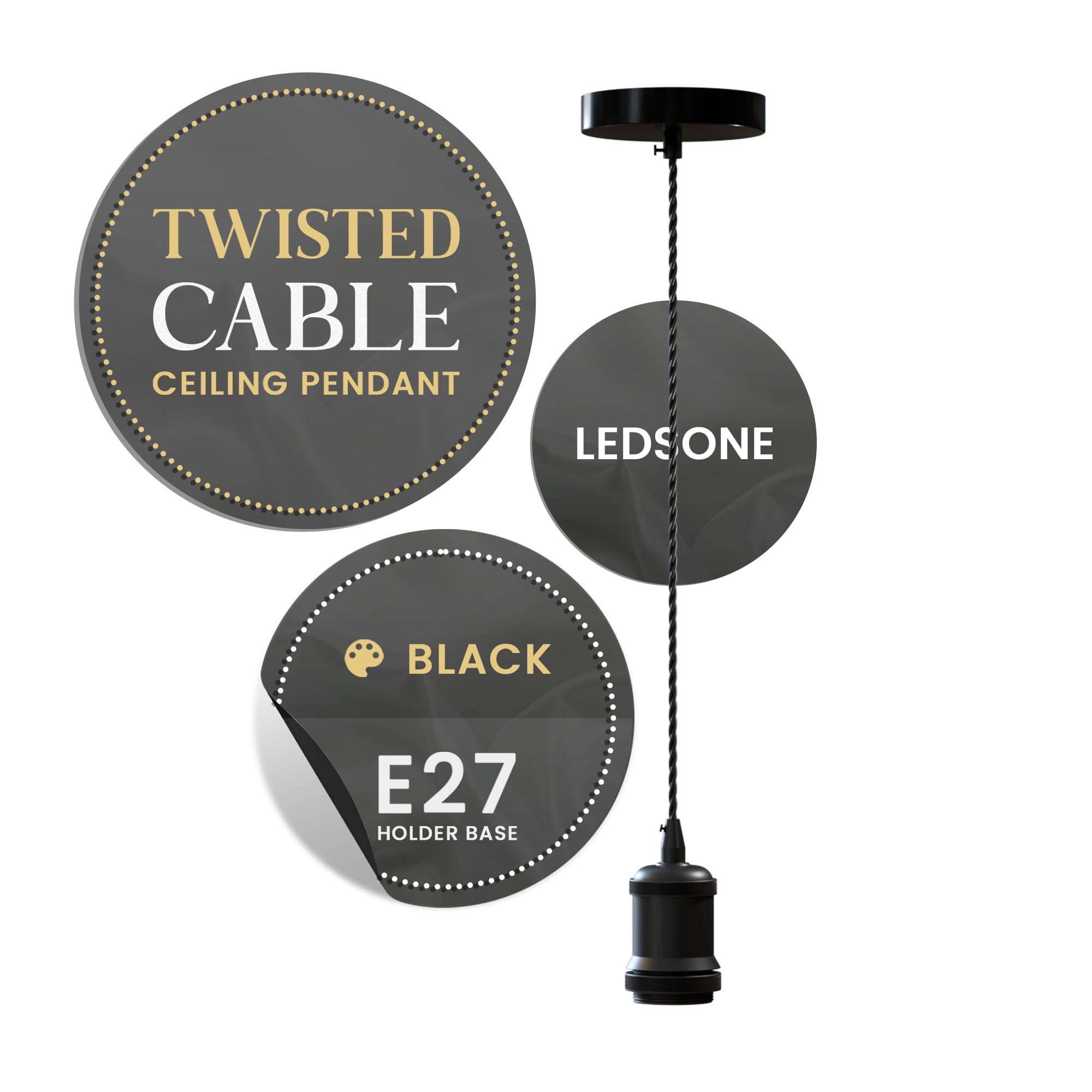 Vintage Industrial Pendant Light Kit – E27 Socket with Black Twisted Braided Cable & Ceiling Rose, Hanging Ceiling Lamp Holder for Kitchen Island, Dining Room