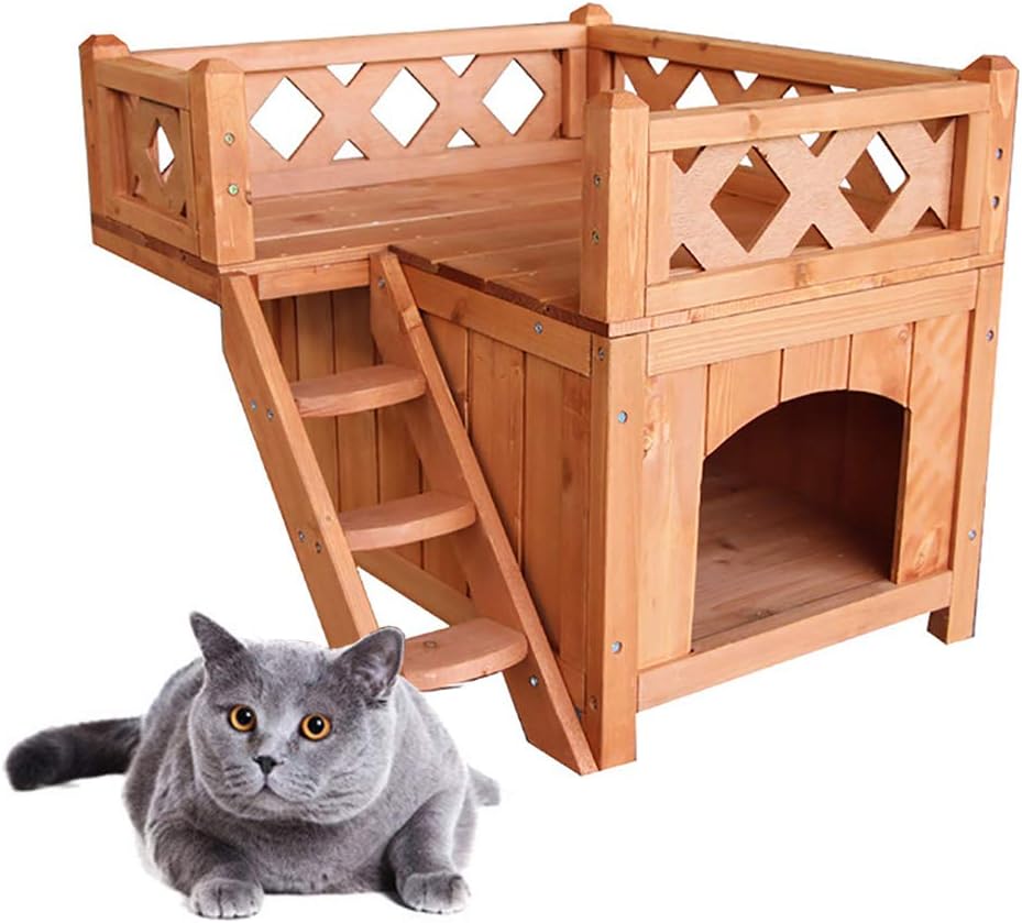 Wooden Cat House Outdoor Luxury DoubleStorey Guest Room Landscape Terrace Weatherproof Canopy