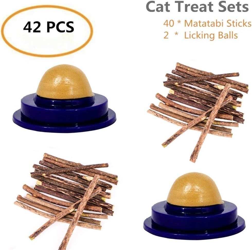 RUIBUY Cat Treat Set, 2 PCS Licking Sugar Balls + 40 PCS Matatabi Sticks Cat Snacks Chew Toy, Teeth Healthy Care, Nutrition Gel Energy,42 PCS