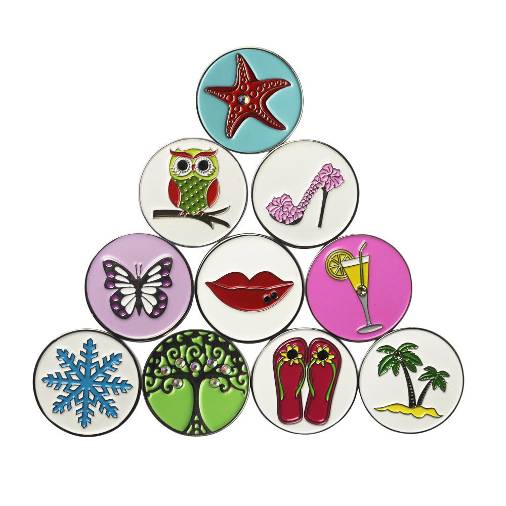 PINMEI Lot of 10 Golf Ball Markers Assorted Patterns - Soft Enamel Technique