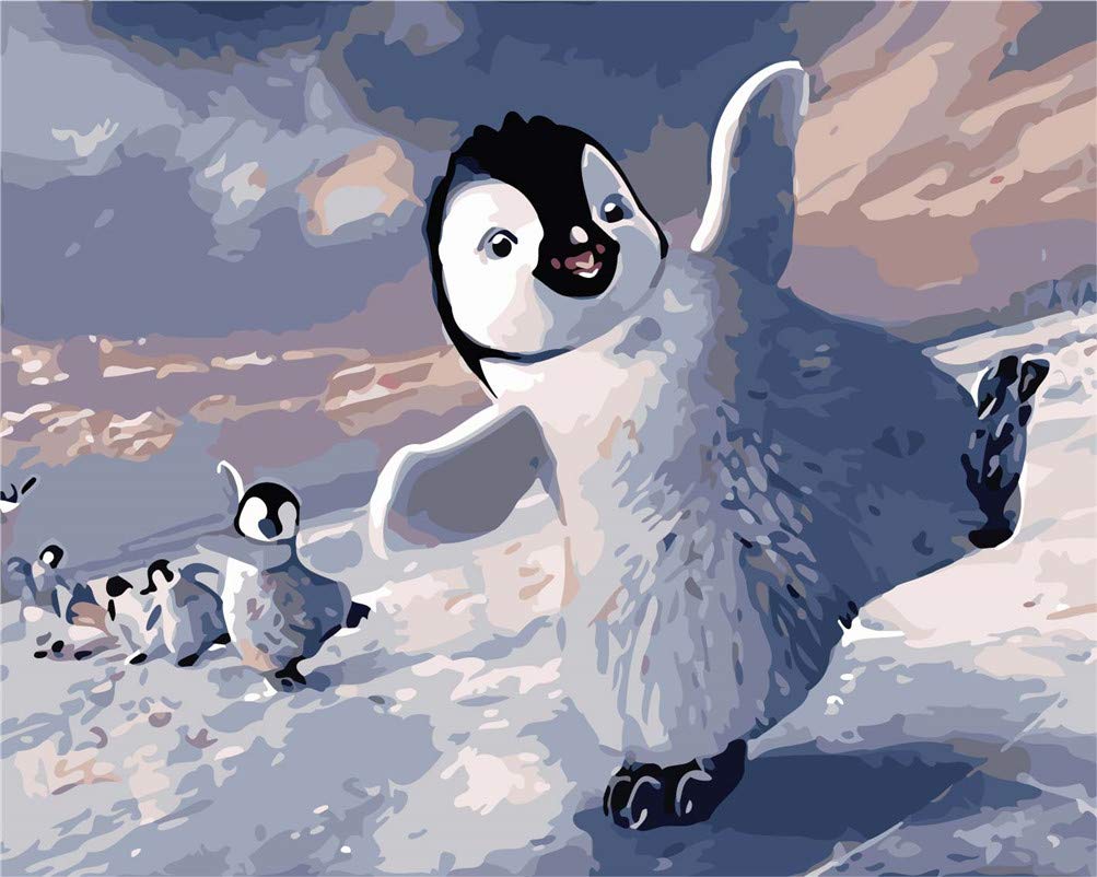 Amiiba DIY Paint by Numbers Kits, Cute Penguins 16x20 inch Acrylic Painting by Number Wall Art Crafts (Penguin, Without Frame)