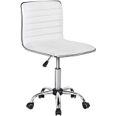 Yaheetech Adjustable Task Chair PU Leather Low Back Ribbed Armless Swivel White Desk Chair Office Chair Wheels