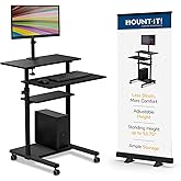 Mount-It! Mobile Computer Cart with Monitor Mount for Screen up to 32", Portable Desk on Wheels, Rolling Laptop Stand for Teachers, Office, Classroom, Rise up to 53", Podium, Keyboard Tray, Black