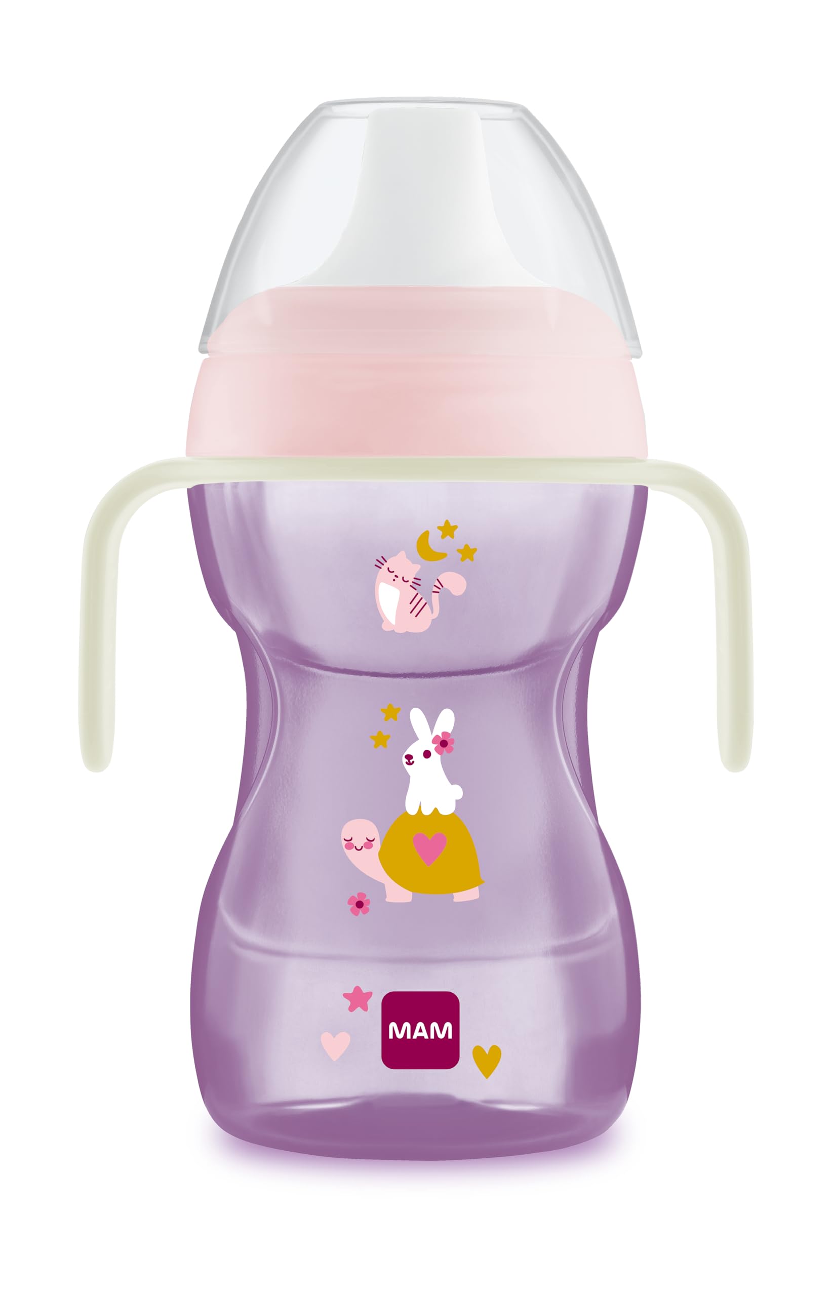 MAM Learning Cup, from 8 Months, 270 ml, for The Transition to The Normal Cup, Hard Spout with Removable Anti-Spill Valve, with Glow-in-The-Dark Handles, Pink, Pack of 1