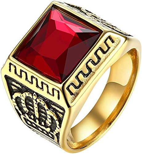 Mens Vintage Square CZ Crystal Stone Crown Great Wall Titanium Steel Ring Band Gothic Biker Red Gold