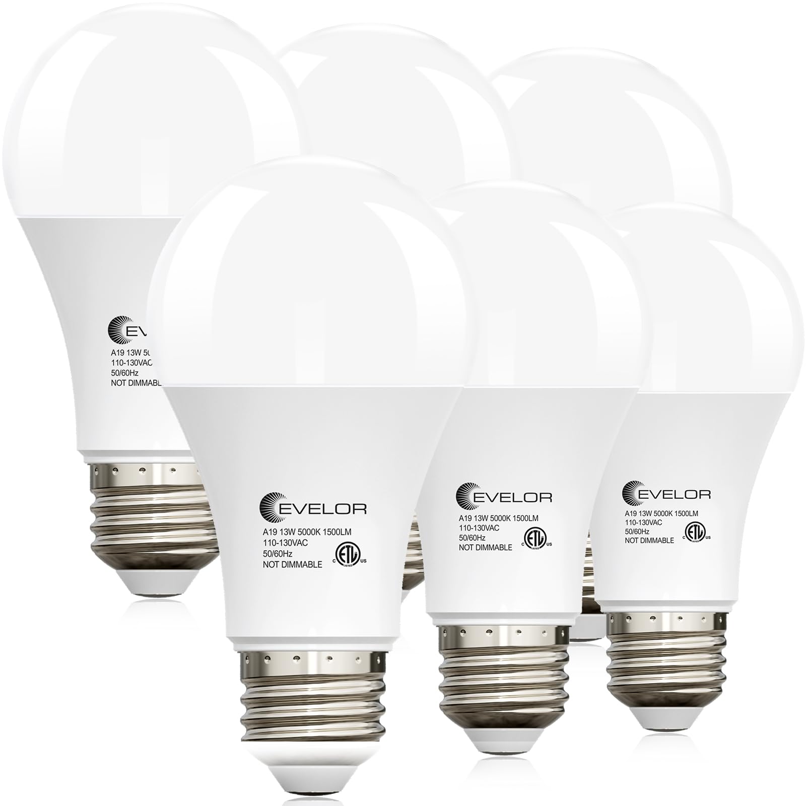 Photo 1 of evelor A19 LED Light Bulbs,100 Watt Equivalent Daylight 5000K Efficient 13W,1500 Lumens E26 Base Bright Lightbulbs, Non-Dimmable, 15000-Hour Lifespan for Bedroom, Living Room, Office, 6-Packs
