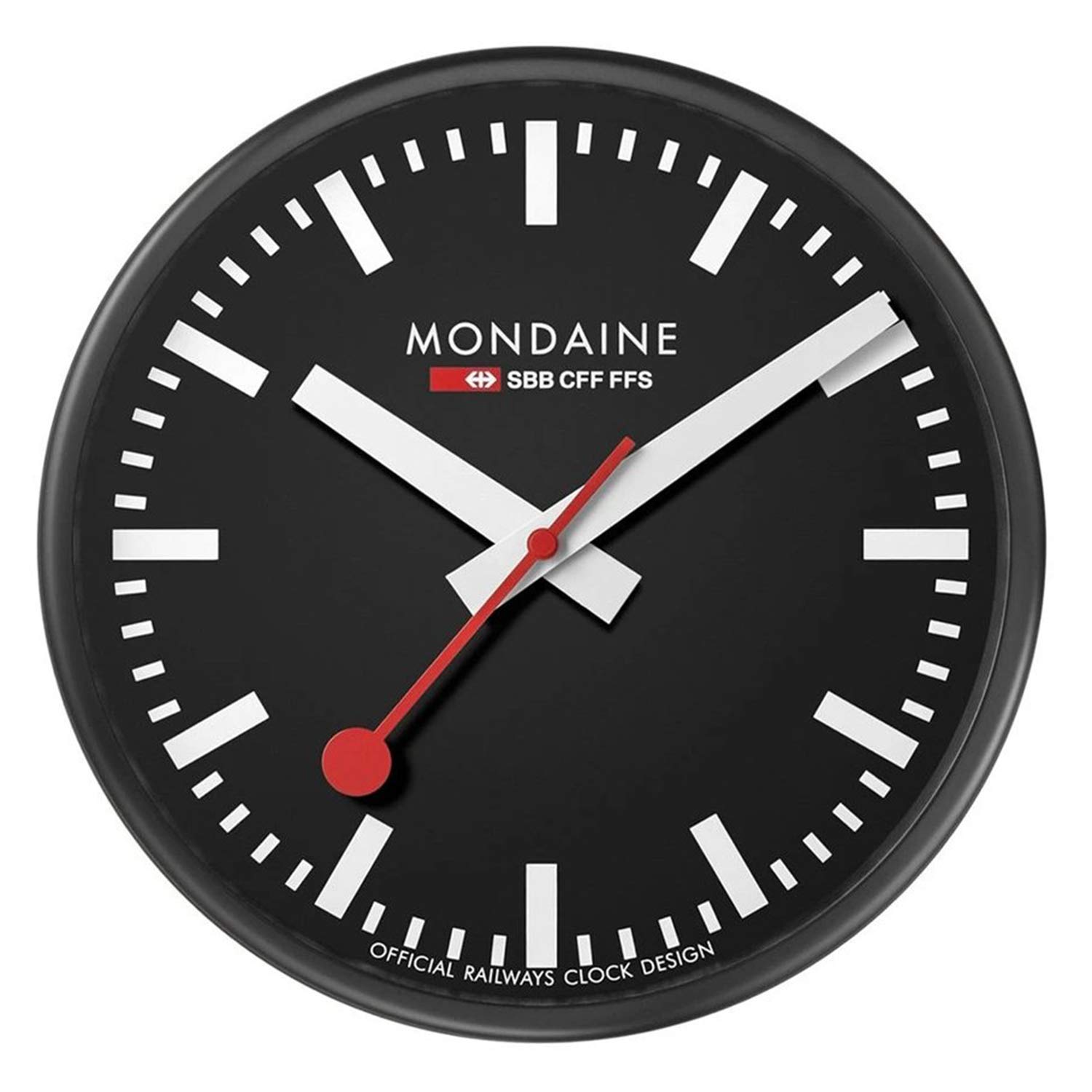 Mondaine - Wall Clock A990.CLOCK.64SBB 25cm - Official Swiss Railways Clock Red Second Hand Black Aluminium Casing - Dust Resistant Wall Clocks