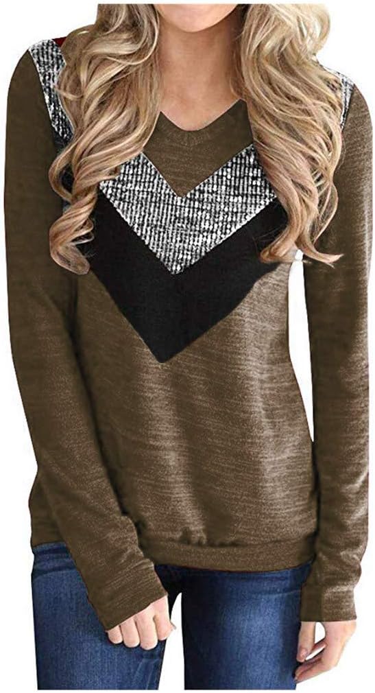 Mlide Womens Long Sleeves Sequins v-Neck Color Block Printing Casual Loose Blouses Fashion Pullover Sweatshirts(S-XXXL)