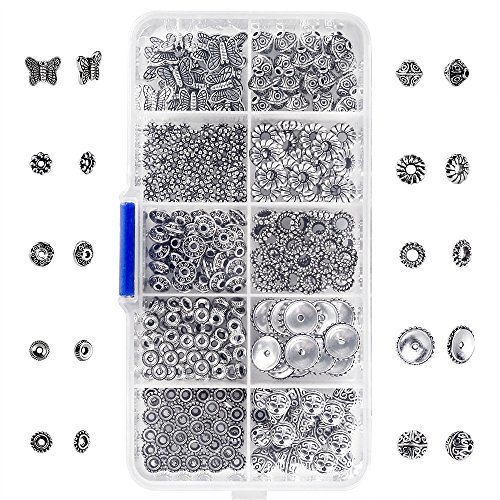 OPount 250 Pieces Antique Tibetan Silver Findings 10 Different Styles Spacer Beads for Jewelry Making
