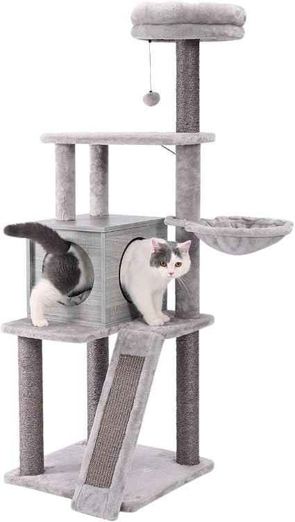 Pawz Road Arbre à Chat Avec Griffoir Et Poteaux En Sisal Naturel Nid Arbre A Chat Design Au Style Moderne Stable Et Solide Gris 49 49 145cm