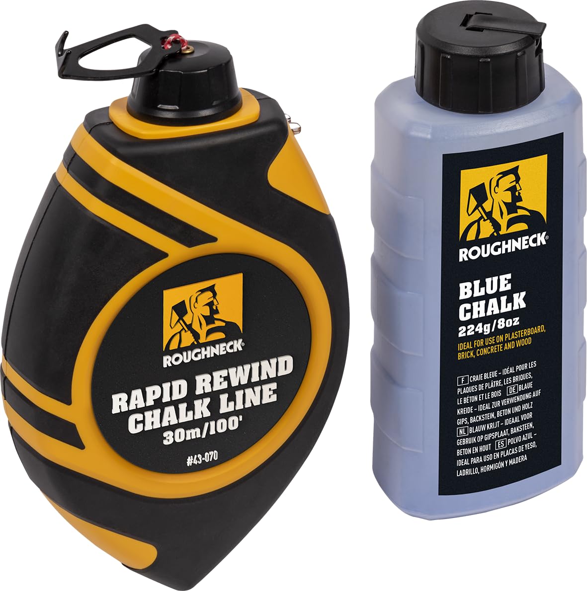 Roughneck Rapid Rewind Chalk Line Set with 6:1 Gear Ratio, 15kg High-Strength Nylon Line, Impact-Resistant Case, Handle Drive Release & Foldaway Crank, Quick Fill System with 8oz Blue Chalk