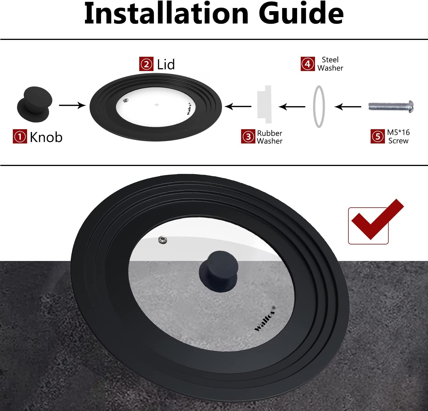 Walfos Universal Pan Lid - Pot Lid for Pots, Pans and Skillets, with Unique Enlarged Heat Resistant Silicone Rim and Tempered Glass, Fits 8