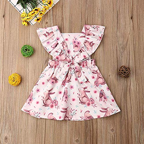 Toddler Baby Girl Easter Clothes Floral Ruffle Fly Sleeve Bunny Print Princess Dress Girls Summer Outfit (Floral, 90 (1-2Years))