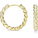 Solid 14k Gold Twisted Rope Round Huggie Hoop Earrings in Rose Gold, White Gold and Yellow Gold