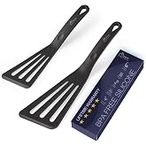 HOTEC 2-Pack Silicone Slotted Fish Turner Spatula Set, Black | 600℉ Heat Resistant, BPA Free , Dishwasher Safe Flipper, For Non Stick Cookware