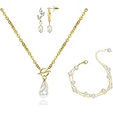 3Pcs Gold Pearl Necklace for Women Pearl Drop Earrings Bracelets 14k Gold Statement Necklace Chunky Baroque Pearls Pendant Necklaces Dangle Pearls Earrings Dainty Golden Bracelet Golden Jewelry Set