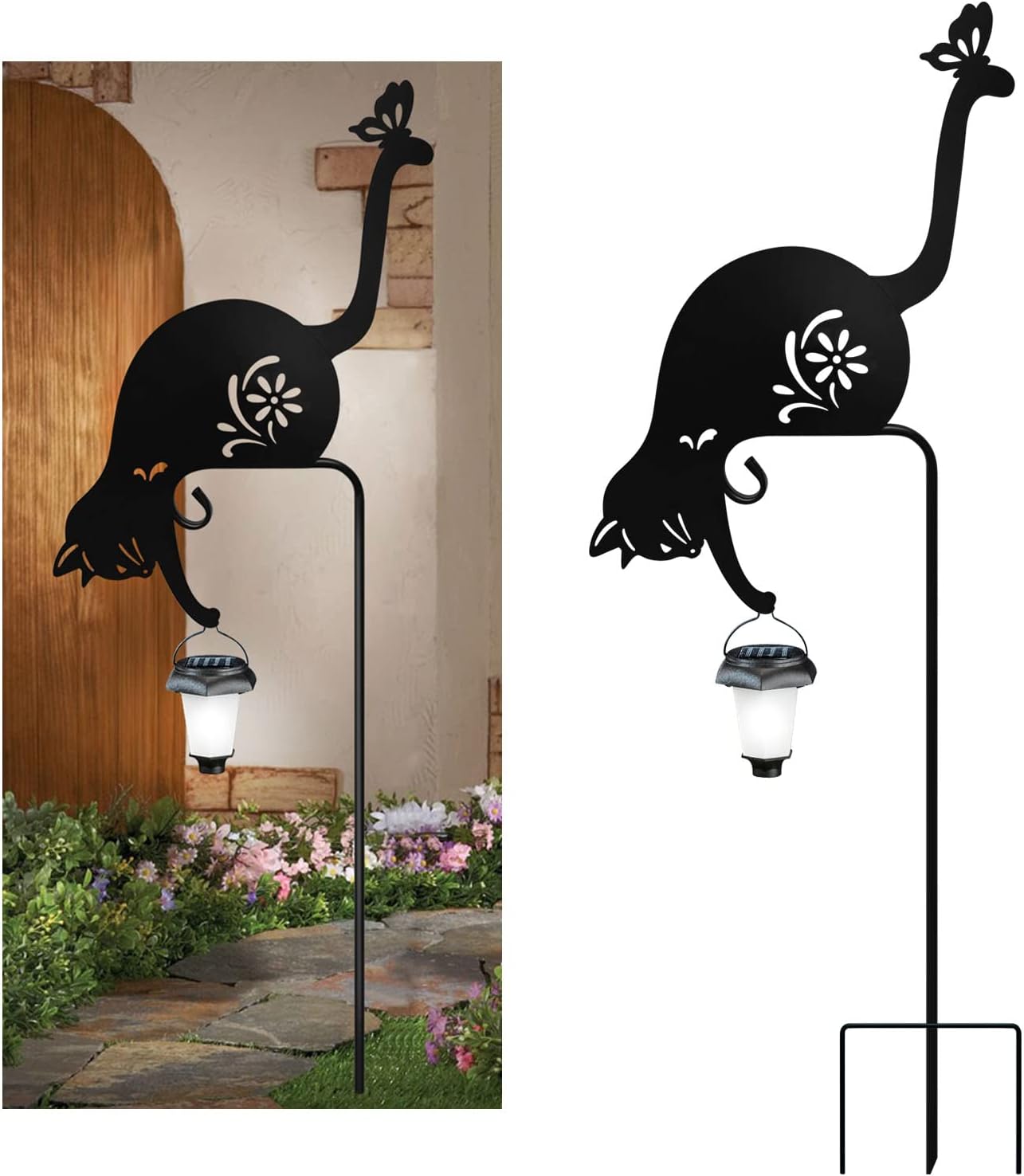 Decorative Garden Stakes - Metal Cat Stake Outdoor Solar Decorative Stakes Cat Holding Solar Lantern Decorative Garden Stakes