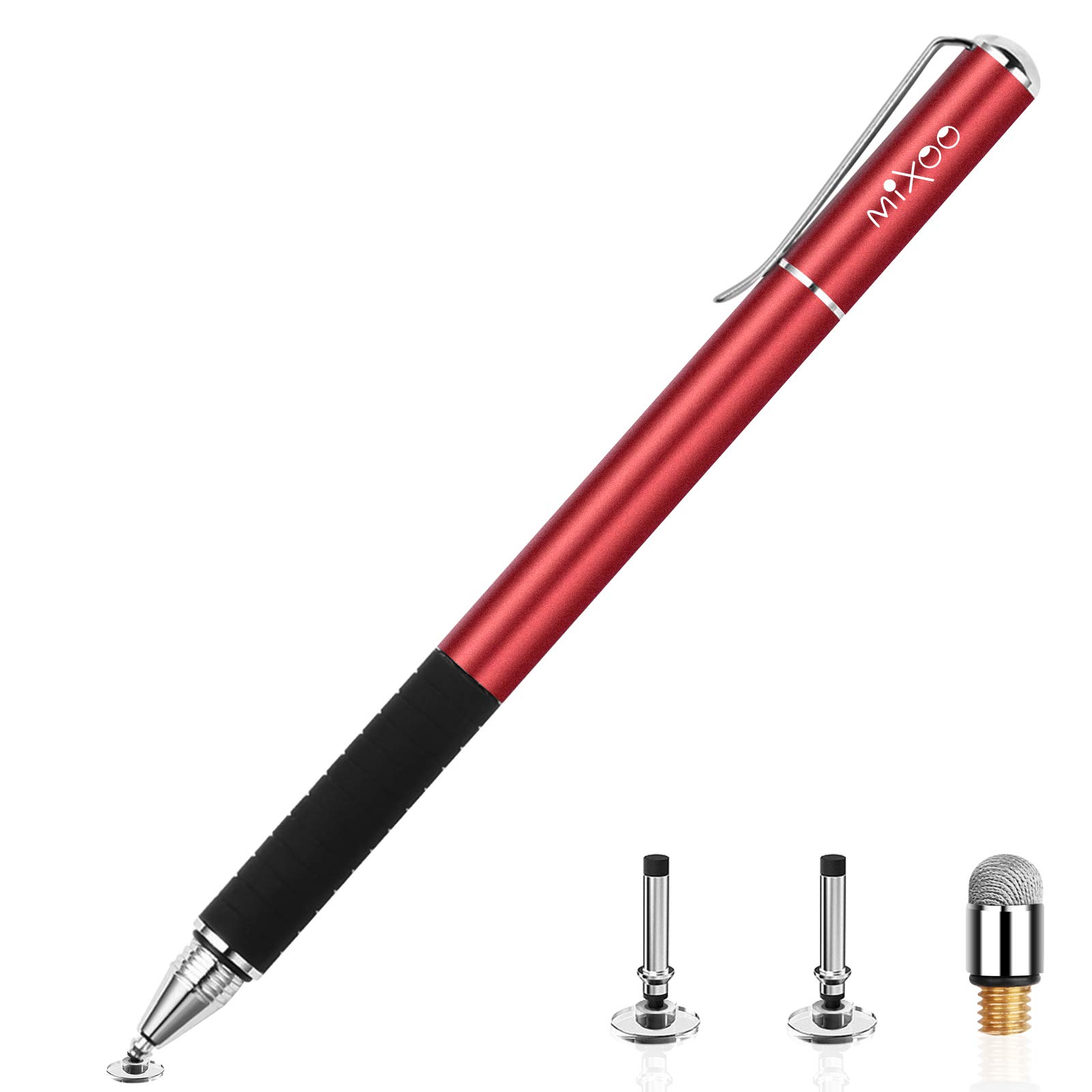 Mixoo Stylus Pens for Touch Screens - Disc & Fiber Tip 2 in 1 High Sensitivity Universal Stylus for iPad, iPhone, Tablets and Other Capacitive Touch Screens (Red)